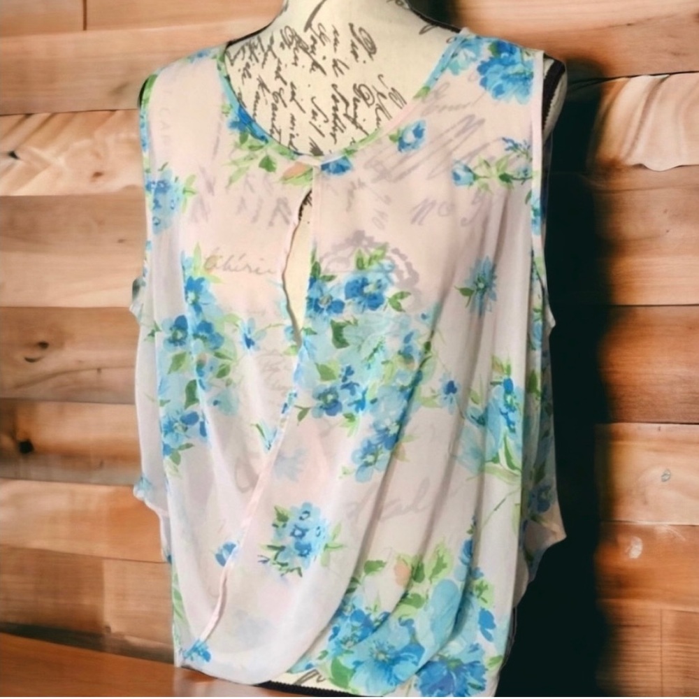 Timing Sheer Sleeveless Top Open Panel Blue Floral & Soft Pink Cream Large EUC